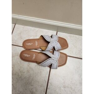 Capelli New York Womens Slide Sandals Tan Blue Woven Strap Memory Foam Size 11